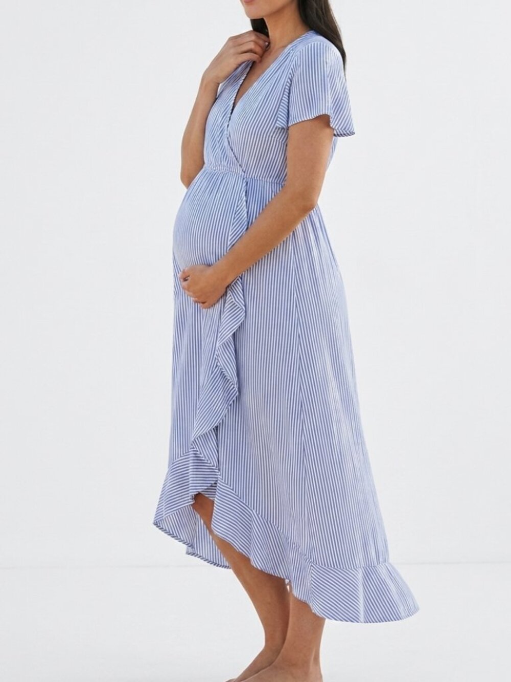 Love Delirious Maternity Women’s Wrap Midi Dress Blue White Stripe Medium